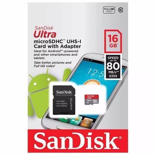 Cartão de Memória 16gb Sandisk Ultra Microsdxc 80mb/s 533x Uhs-i com Adaptador