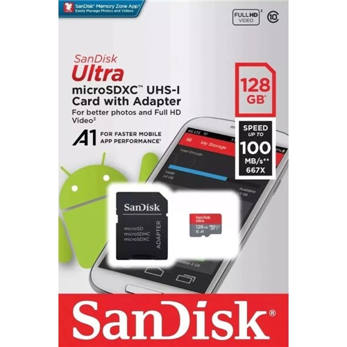Cartão de Memória 128GB Micro SDXC Classe 10 com Adaptador-Sandisk