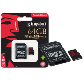 Cartão de Memória 64GB Classe 10 Kingston SDCR/64GB Micro SDXC 100R/80W UHS-I U3 V30 Canvas React