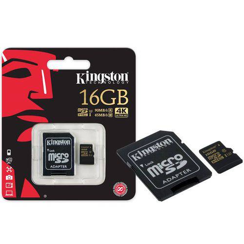 Cartao de Memoria Classe 10 Kingston Sdcg/16gb Micro Sdhc Gold 16gb Uhs-i U3 com Adaptador Sd