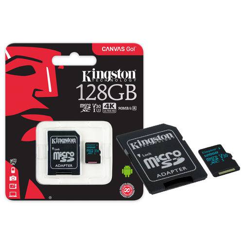 Cartao de Memoria Classe 10 Kingston SDCG2/128GB Micro Sdxc 128GB 90R/45W Uhs-I U3 V30 Canvas Go