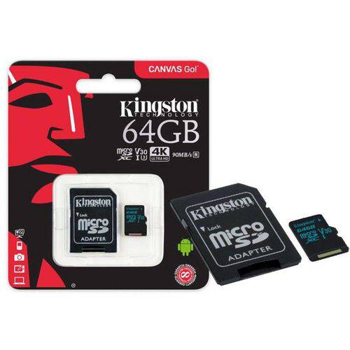 Cartao de Memoria Classe 10 Kingston Sdcg2/64gb Micro Sdxc 64gb 90r/45w Uhs-i U3 V30 Canvas Go