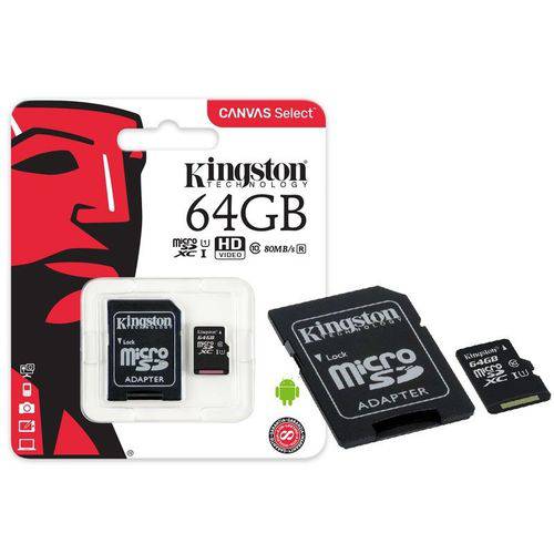 Cartao de Memoria Classe 10 Kingston Sdcs/64gb Micro Sdxc 64gb 80r/10w Uhs-i U1 Canvas Select