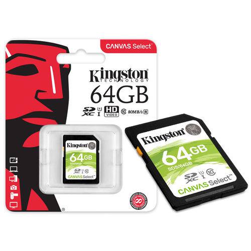 Cartao de Memoria Classe 10 Kingston Sds/64GB Sdxc 64GB 80R/10W Uhs-I U1 Canvas Select