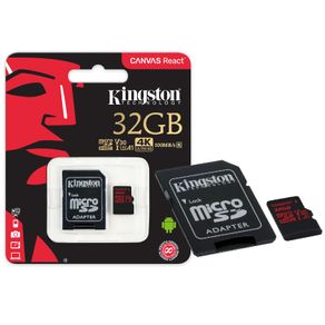 Cartão de Memória 32GB Classe 10 Kingston SDCR/32GB Micro SDHC 100R/80W UHS-I U3 V30 Canvas React