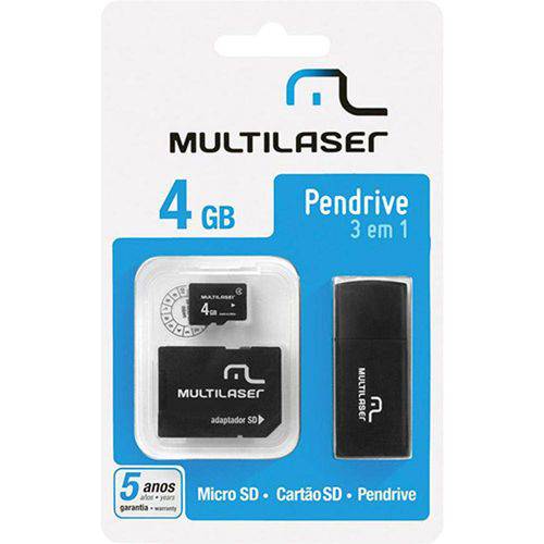 Cartão de Memória Multilaser Microsd Card com Adaptador Sd Mais Leitor Usb 3 em 1 4gb Mc057