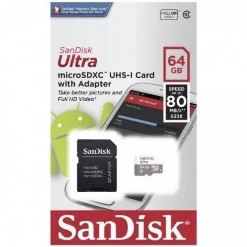 Cartão de Memoria Sd Micro 64gb C10 80mb/s Sandisk Ultra