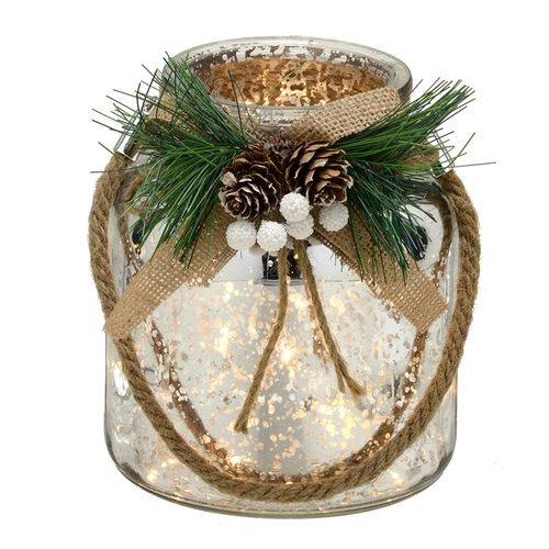 Castiçal 16cm Requinte com Luz de Led e Alça em Sisal Santini Christmas