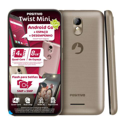 Celular Smartphone Android Go 8.0 Dourado Tela 4 Polegadas Twist Mini Positivo + Cartão de Memória de 32gb