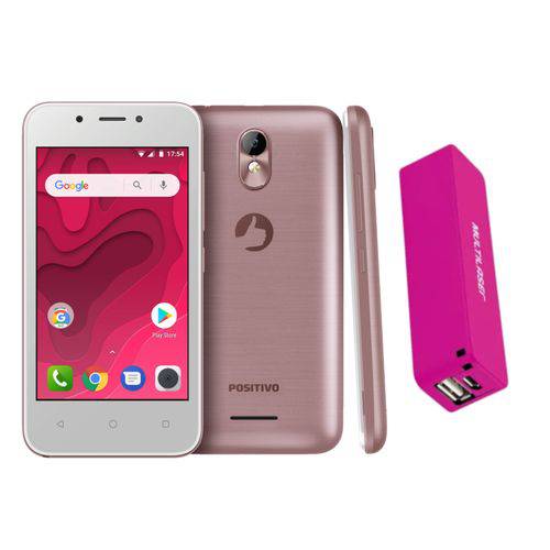 Celular Smartphone Rosa Android Puro 8.0 Twist Mini Positivo + Bateria Portátil Power Bank