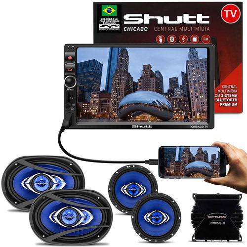 Central Multimídia Shutt Chicago Tv 7 Pol Bluetooth Tv Digital USB + Kit Fácil Hurricane + Módulo