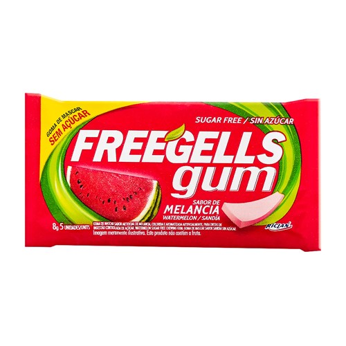 Chiclete Freegells Gum Melancia Sem Açúcar 8g com 5 Unidades
