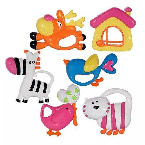 Chocalho Infantil Colorido Animais Kit com 6 Peças