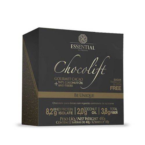 Chocolate Proteico Chocolift Be Uniq - Essential Nutrition - Display C/ 12 Barras (Cacao)