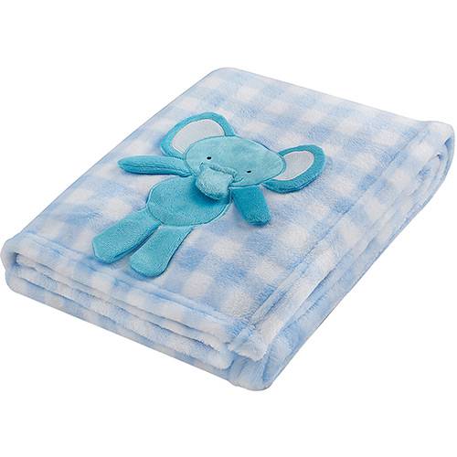 Cobertor Manta Microfibra Toque Macio Xadrez Azul com Aplique Elefantinho - Loani