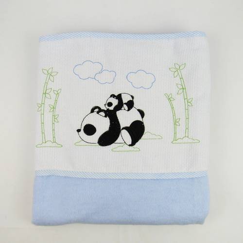 Cobertor Masculino Flanelado Azul Claro e Branco Bordado Panda