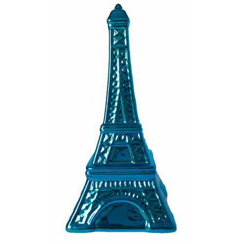 Cofre Metalizado Decorativo Torre Eiffel Azul Cerâmica 21cm