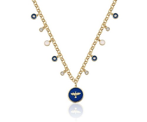 Colar Choker Tiffany Ponto de Luz Medalha Espírito Santo Azul Banhado a Ouro 18k