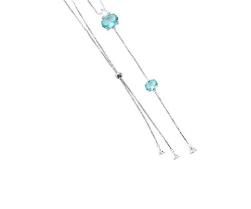 Colar Cristal Topázio Azul Oval Gravatinha Pontos de Luz Banhado a Ródio Branco