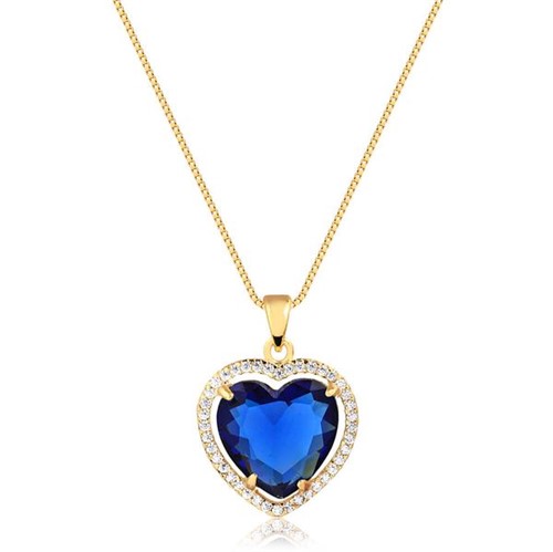 Colar de Coração com Pedra Natural Azul Cravejado com Zircônias Folheado em Ouro 18k - 3150000000267