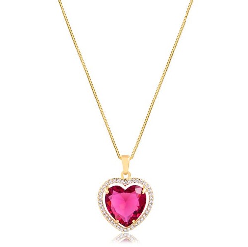Colar de Coração com Pedra Natural Rosa Cravejado com Zircônias Folheado em Ouro 18k - 3150000002104