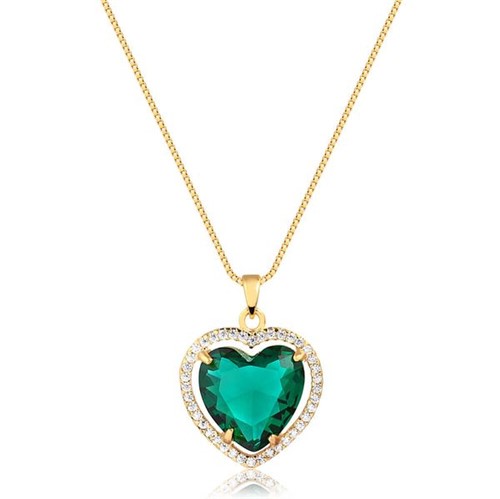 Colar de Coração com Pedra Natural Verde Cravejado com Zircônias Folheado em Ouro 18k - 3150000000272