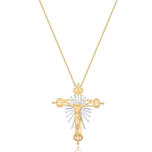Colar Maxi Crucifixo com Detalhes em Ródio Branco Folheado em Ouro 18k – 3150000002193