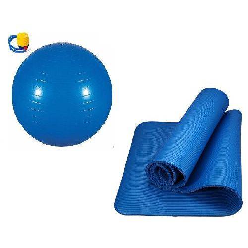 Colchonete Tapete Pilates Yoga 10 Mm + Bola 65 Cm + Bomba Azul