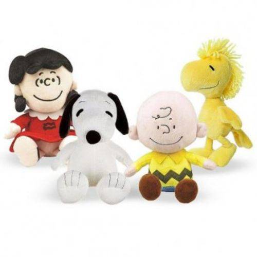 Coleção 4 Pelúcias Peanuts Snoopy, Charlie Brown, Lucy e Woodstock 20cm Mundo Plush