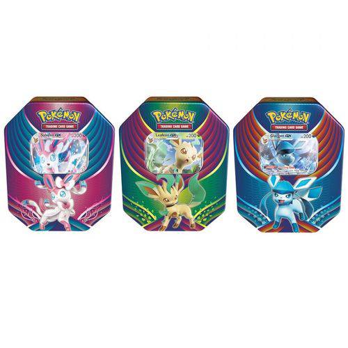 Coleção 3 Latas Pokémon Celebre a Evolução Leafeon, Glaceon e Sylveon Eeveelutions Copag Cards Cartas Suika