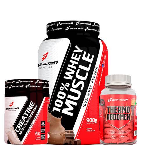 Combo 100% Whey Muscle 900g + Thermo Abdomem 120tabs + Creatina 20days 70g - Body Action - Chocolate
