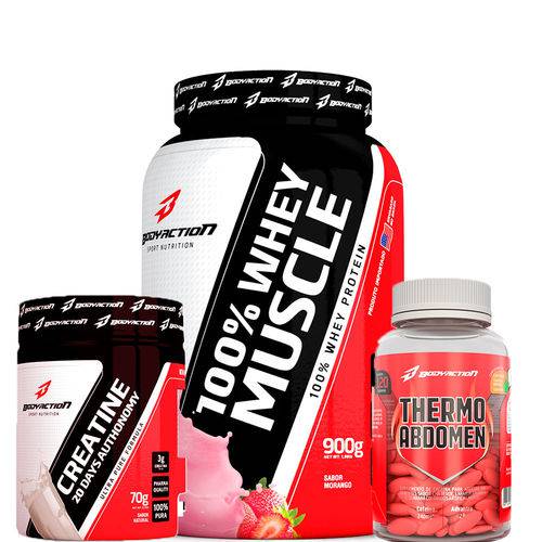 Combo 100% Whey Muscle 900g + Thermo Abdomem 120tabs + Creatina 20days 70g - Body Action - Morango