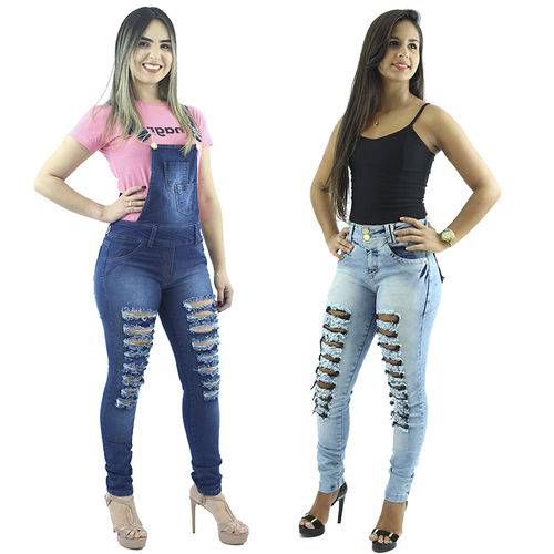 Combo Macacão Jeans Feminino Lycra e Calça Jeans Moda Rasgadinhas Anagrom