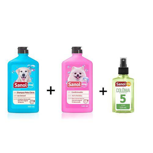 Combo: Shampoo para Cães Pelos Claros + Condicionador Revitalizante + Perfume para Cães Fragrância Citrus - Sanol Dog