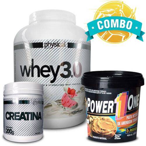 Combo Whey 3.0 (2kg) - Physical Pharma + Creatina (200g) - Physical Pharma + Pasta de Amendoim Integra (1kg) - Power One