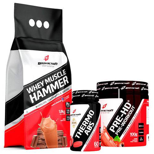 Combo: Whey Muscle Hammer (1,8kg) + Thermo Abdomen (60 Comp) + Pre-HD Pre-Workout(100g) - BodyAction