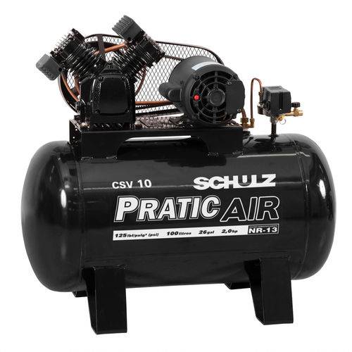 Compressor de Ar 10 Pés 2 Hp 100 Litros Monofásico - Pratic Air CSV10/100 - Schulz