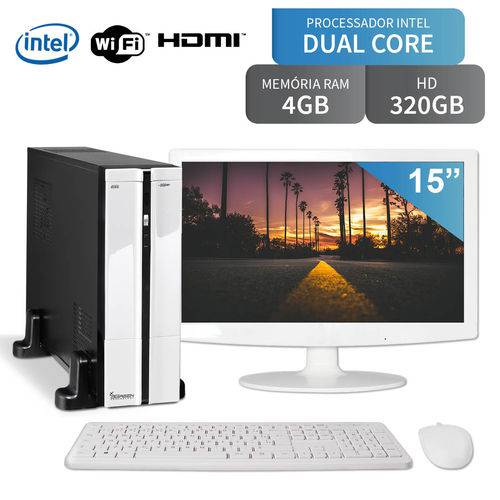 Computador Branco com Monitor LED 15.6 Intel Dual Core, 4GB RAM, Wifi, HD 320GB, HDMI 3Green Slim