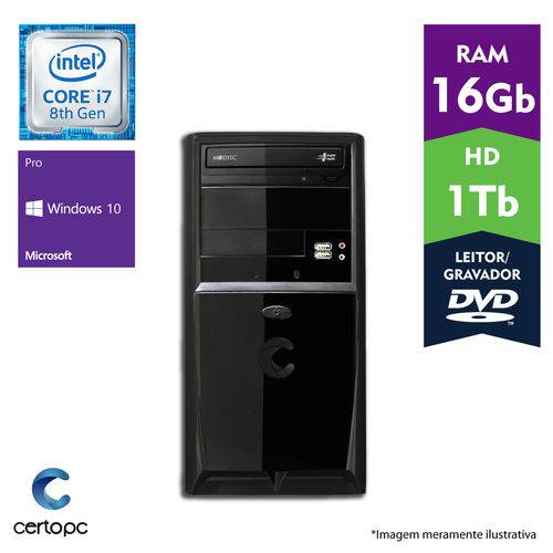 Computador Certo PC Desempenho 1006 Intel Core I7 8° Geração 16GB HD 1TB DVD Windows 10 PRO