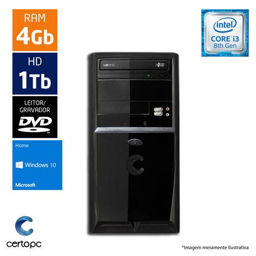 Computador Certo PC Smart 1011 Intel Core I3 8ª Geração 4GB HD 1TB Windows 10 SL DVD