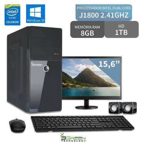 Computador com Monitor Led 15.6" Dual Core 8gb Hd 1tb Windows 10 3green Triumph Business Desktop