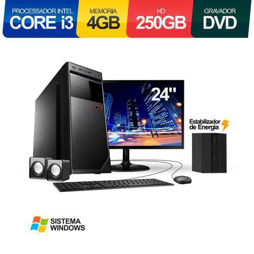 Computador Corporate Intel Core I3 2.93Ghz 4Gb HD 250Gb Gravador DVD e Cd Monitor Led 24'' Hdmi FULL HD Kit Teclado Mouse Caixa de Som Estabilizador com Windows