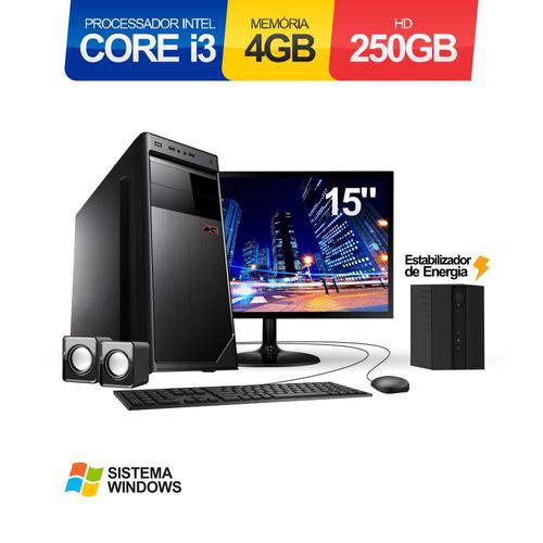 Computador Corporate Intel Core I3 2.93Ghz 4Gb HD 250Gb Monitor Led 15'' Hdmi Kit Teclado Mouse Caixa de Som Estabilizador e com Windows