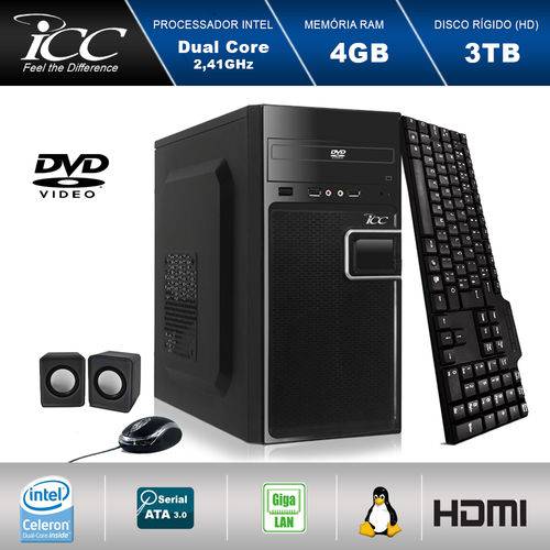 Computador Desktop Icc Iv1844c Intel Dual Core 2.41ghz 4gb HD 3tb Dvdrw, Teclado, Mouse, Cx de Som Usb3.0 Hdmi Fullhd