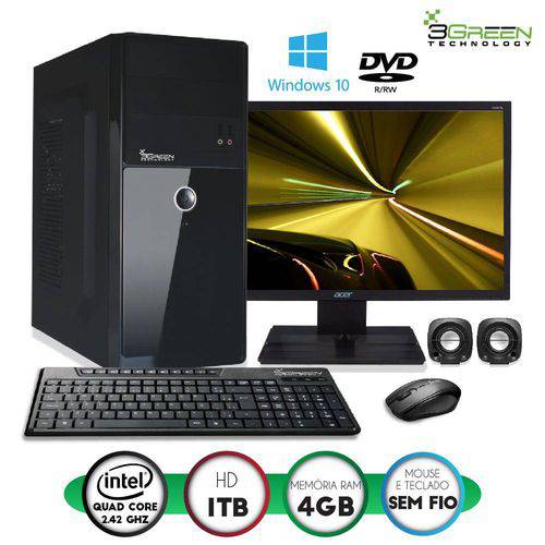 Computador 3green Ideal Monitor 19.5" Acer Quad Core 4gb Hd 1tb Dvd Mouse Teclado S/ Fio Windows 10