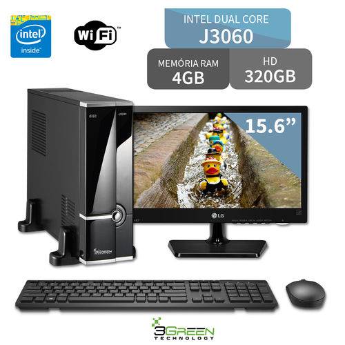 Computador 3green Slim Intel Dual Core J3060 4gb 320gb com Monitor Led 15.6 Wifi Mouse Teclado Hdmi USB 3.0