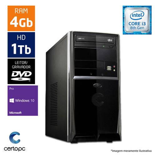Computador Intel Core I3 8ª Geração 4GB HD 1TB Windows 10 PRO DVD Certo PC Smart 1012