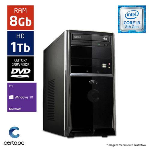 Computador Intel Core I3 8ª Geração 8GB HD 1TB DVD Windows 10 PRO Certo PC Smart 1018
