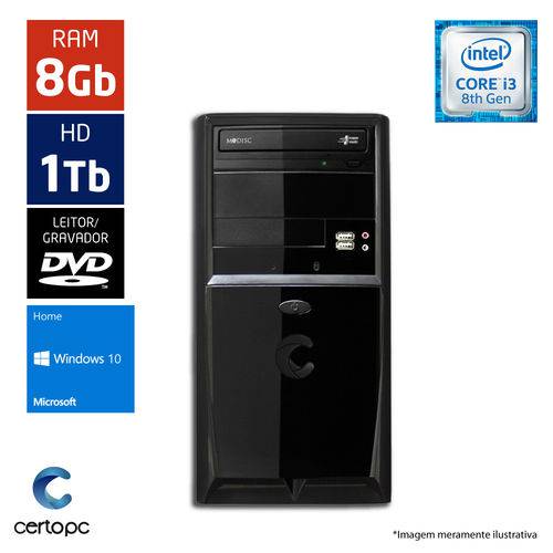 Computador Intel Core I3 8ª Geração 8GB HD 1TB DVD Windows 10 SL Certo PC Smart 1017