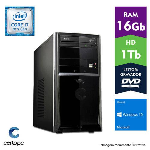 Computador Intel Core I7 8° Geração 16GB HD 1TB DVD Windows 10 Home Certo PC Desempenho 1005